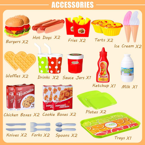 Pretend Play Food Toy Set for Kitchen, Fake Food Plastic Burgers Sandwich Toys Pretend Food Playset Preschool Kitchen Sets Play Food Plastic Food Toys for Restaurant Play Girls Boys