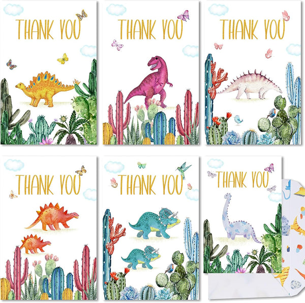 72 Pcs Dinosaur Thank You Cards, Includes 36 Pieces Envelopes and 36 Pieces Cactus Dino Blank Notes for Kids Birthday
