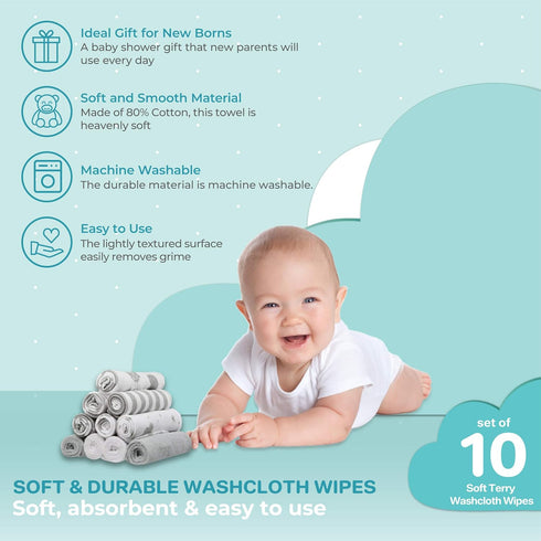 Spasilk Washcloth Wipes Set, Soft Terry Washcloth Set for Newborn Boys and Girls, Pack of 10, Gray Celestial
