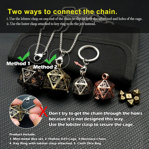Haxtec Mini Metal DND Dice Set - 20mm Black Gold Hollow D20 Necklace with Antique Tiny Copper Dice