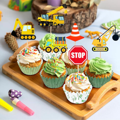 PAVATUTAT 24 PCS Construction Cupcake Toppers Stop Sign Dump Truck Excavator Tractor Party Cake Food Picks Decorations