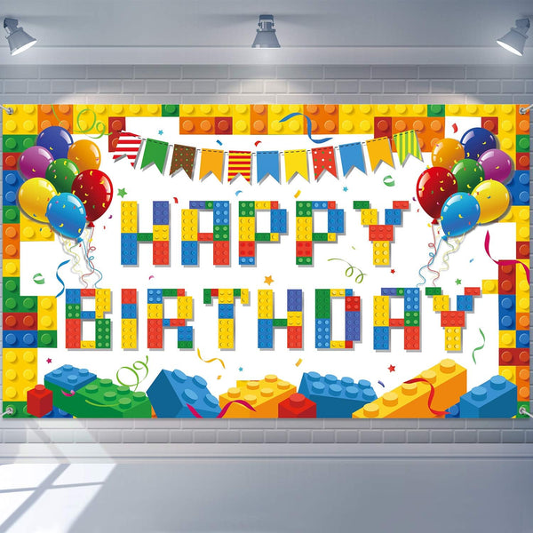 Tatuo Building Block Happy Birthday Banner, Colorful Photography Background for Boys Girls Brick Theme Birthday Decor
