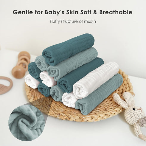 -100% -12 Pack, 12x12 Inches Sunny zzzZZ Baby Muslin Washcloths Cotton Muslin Soft Baby Bath Wash Cloths and Absorbent