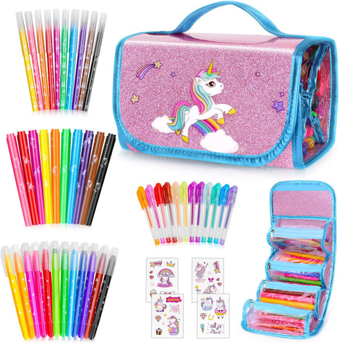 AJLICHIBAN FUN 49 Pcs Fruit Scented Washable Markers with Unicorn Pencil Case, Art Supplies for Kids