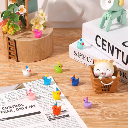100 Pack Mini Resin Ducks, Multicolor Tiny Ducks Wearing Party Hats for Micro Landscape Dollhouse Garden