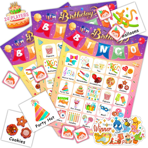 Birthday Bingo Game for Kids, 24 Players, Happy Birthday Bingo Cards with 40Pcs Reward Stickers, Classroom Activities