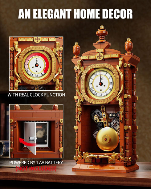 TYCOLE Set, 6+ Vintage Pendulum Clock Building Block Stem Toy with Real Clock Function and Linkable Mechanical