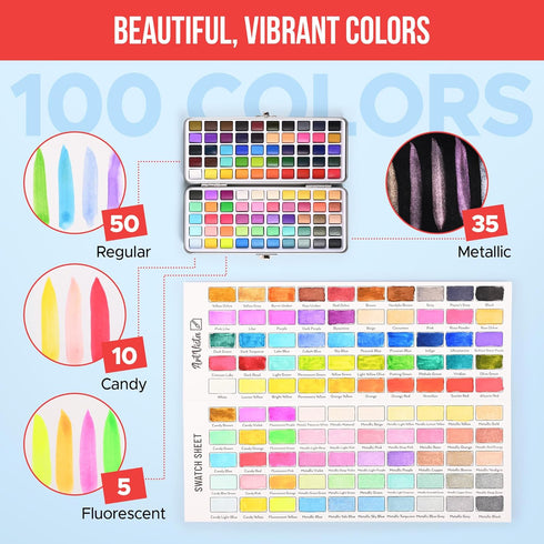 Art Vista Set 100 Set Premium Watercolor Paint Bundle with Bright Colors & Paper Pad for Beginners & Professional