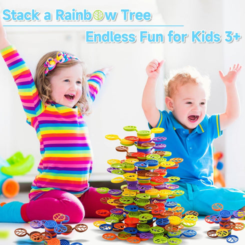 Stack-a-Rainbow-Tree 70 Piece Plastic Stacking Blocks, Balance Game Building Toys for Kids Ages 3-8, Montessori Gifts