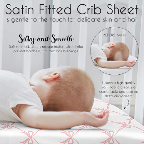 Sweet Jojo Designs Fitted Baby Satin Crib Sheets (Pink Bows) for Girls, Infant Nursery, Toddler Room - Standard Size