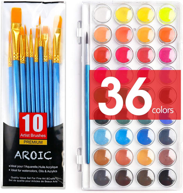 AROIC Watercolor Paint Set, 36-Color Non-Toxic Washable Watercolors with 10 Brushes for Kids & Adults, Art Supplies