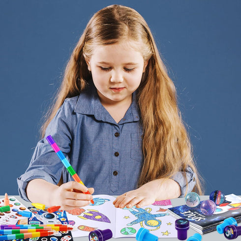 84Pcs Set BenLouis Outer Space Themed Party Favors Space Alien Coloring Books Crayons Sticker Stampers Bulk Classroom
