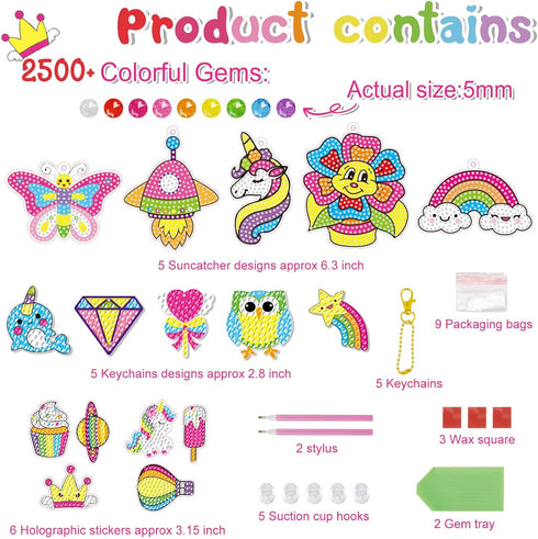 16 4-8 8-12,Kids 5D 5 Suncatchers/5 Keychains/6 BANBBUR Pcs Gem Art for Kids Age Crafts Gem Diamond Art Kit
