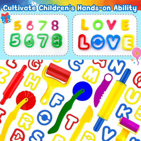 Kids,70Pcs iShyan Dough Tools Play for Basic Dough Play Toys Includes Roller, Rolling Pins,Letter Number Shape
