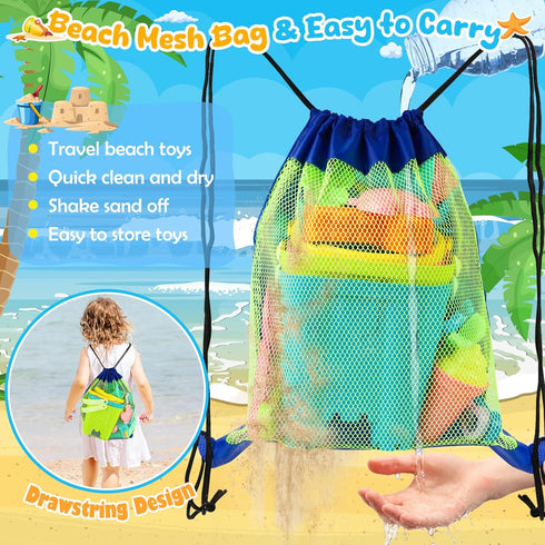 REZUCREY 4 3-10 Beach Toys for Kids Toddlers, Sand Castle Toys with Sand Bucket and Shovels, Mesh Bag & Molds, Ice