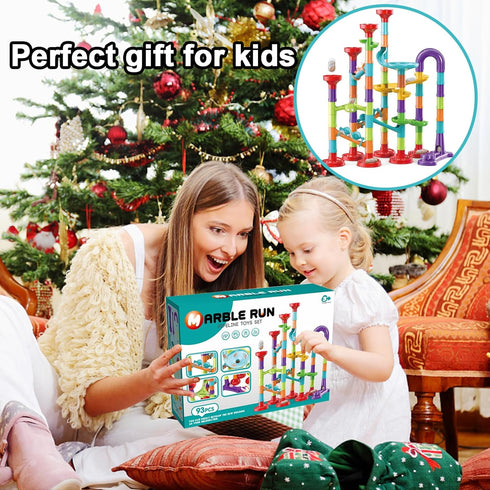 93 PCS Marble Run Premium Set - STEM Educational Building Block Toy with 30 Glass Marbles for Kids - Marble Maze Game