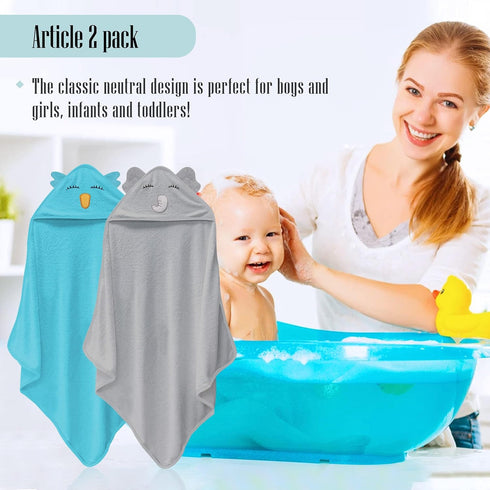 Cute Castle 2 Pack 8 Hooded Baby Towel Rayon Made from Bamboo and Washcloths - Lovely Elephant, Happy Bird