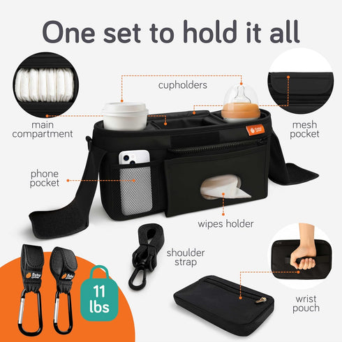 2 Baby Uma Stroller Caddy & Stroller Hooks - Universal Organizer Bag with XL Insulated Cup Holder, Phone Pocket, Wipes