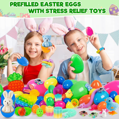 30 Pack 4 IJIGU Prefilled Easter Eggs with Toys, Bulk Mix Sizes Plastic Easter Eggs with Toys Inside, Surprise Eggs