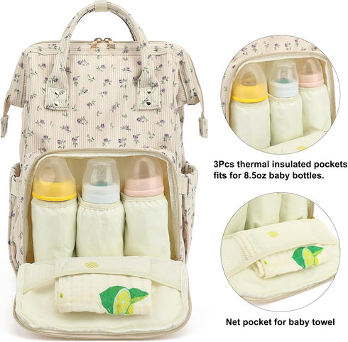 Yusudan Backpack Corduroy Diaper Bag for Baby Girls Boys, Women Large Nappy Bags for Mom (Beige Corduroy Floral Purple)