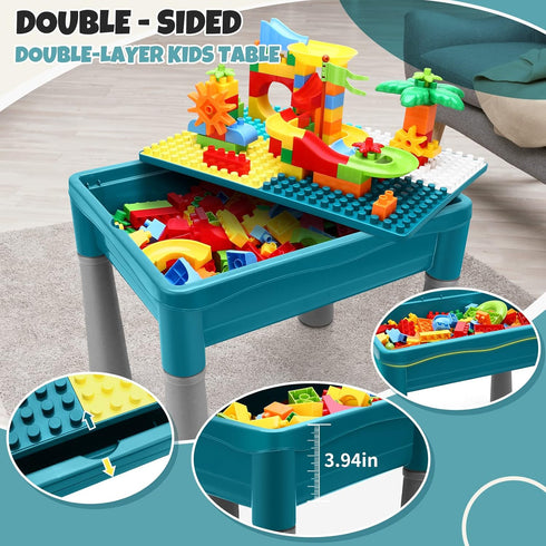 Double Sided Kids Activity Table with Storage - All-in-1 Multi Activity Table, 105pcs Marble Run Building Blocks