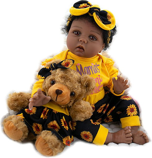 Lifelike Reborn Baby Dolls Black Girl - Realistic Newborn Dolls with Soft Poseable Body, Teddy Toy, Sunflower Clothes,