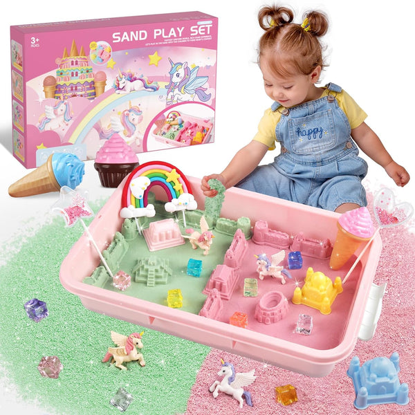 Weilim Unicorn Sensory Bin for Girl, Magic Sand Art Kit with Sandbox, Color