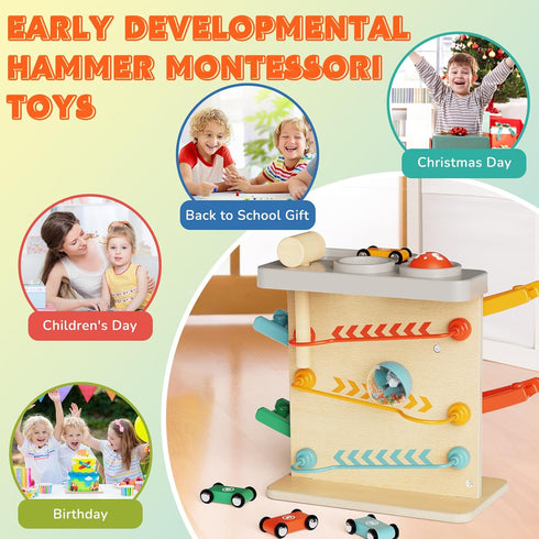 1-3: 2-in-1 Hammer 4 1 2 3 Wooden Car Ramp Toy for Toddlers Pound a Ball Toy with & Cars - Montessori Educational Race