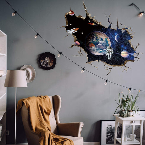3D Planet Galaxy Astronaut Wall Stickers, DILIBRA Removable Spacecraft View Decals for Kids Room Decor