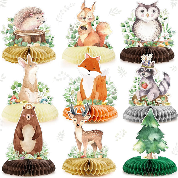 Fumete 9 Pack Woodland Animals Honeycomb Centerpieces, 3D Table Topper Baby Shower Decorations for Green Forest Theme