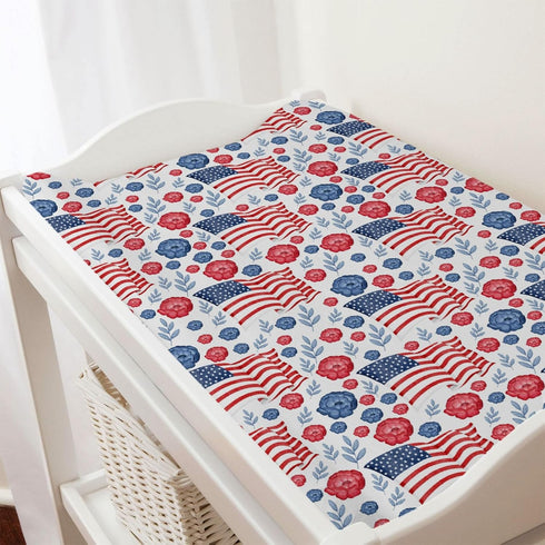 American Flag Blue Red Floral Diaper Changing Pad Covers, 32''x16'' Patriotic for Boy Girl, Soft Breathable Sheets