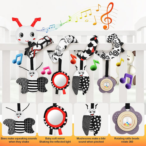 0-6 4 Car Seat Toys for Babies, Months Stroller Activity Black White Baby Spiral Plush Toys Newborn High Contrast