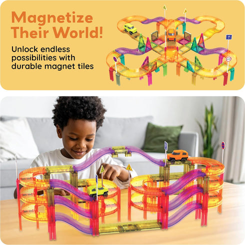 60pc Set 3 PTMR60 PicassoTiles Magnetic Tile Race Car Track STEM Construction Road Kit Building Blocks for Kids