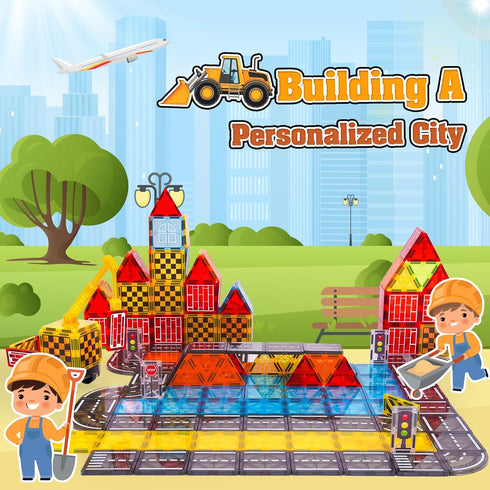 Magnetic Tiles Kids Construction Toys - Road Set with Magnet Crane for Boys Age 3-10, Building Blocks Expansion Pack