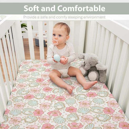 Summer 52"x28" Boho Mermaids Floral Baby Crib Sheets for Boy Girl Beach Seashells Conch Tropical Flowers Soft Snug