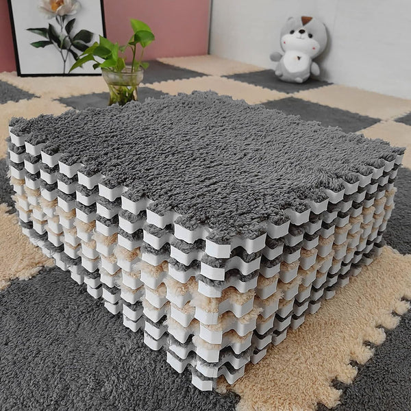 12 pcs Thickened Plush Interlocking Floor Mat 0.6" Thick- Fluffy Square Tiles