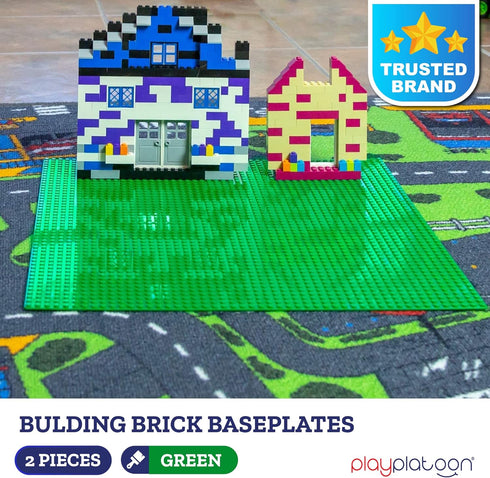 Play Platoon Baseplate for Building Bricks - 15 Inch x 15 Inch Green Classic Platform, 2 Pack Compatible with Major