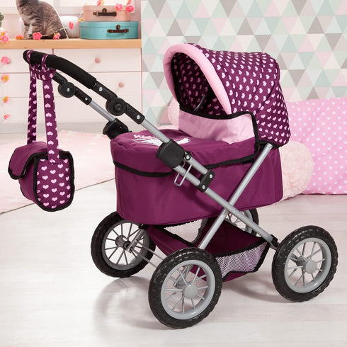 18 inch Bayer Trendy Doll Pram & Stroller, Burgundy Pink, Dolls, Adjustable Handle, Pretend Play with Accessories