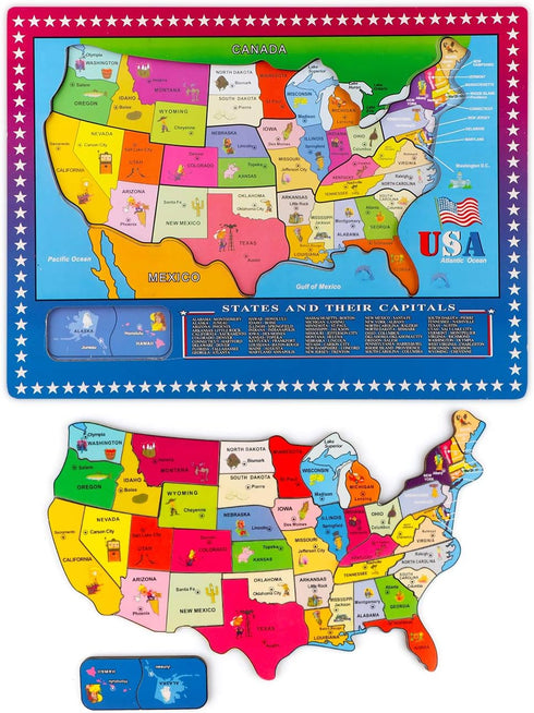 Wondertoys 46 Pieces Wooden USA Map Puzzle - Educational Geography Puzzles for Kids, US Map Puzzle for Boy Girl