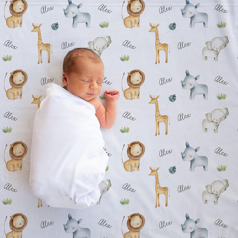 Stork Wares BB348 30*40 inch Safari Animals Personalized Unisex Baby Swaddle Blanket White
