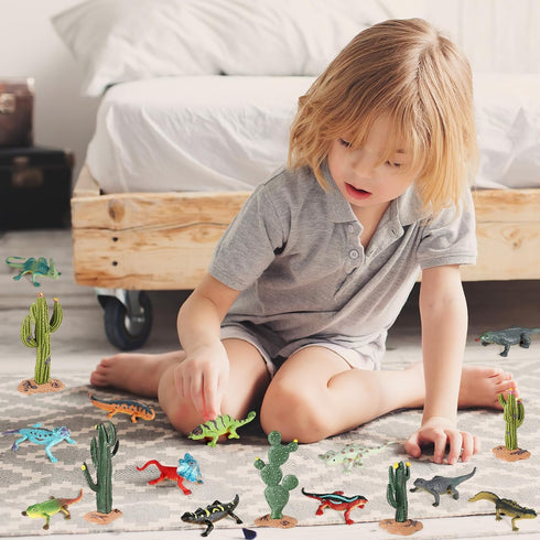 Lizard Toys Figures - 17 Pcs Desert Reptiles Figurines Model Trees Kit, Desert Diorama Supplies for Kids Gift