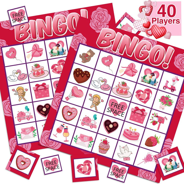jollylife 40 Players Valentine's Day Bingo Game Cards - Class Party Supplies Activity