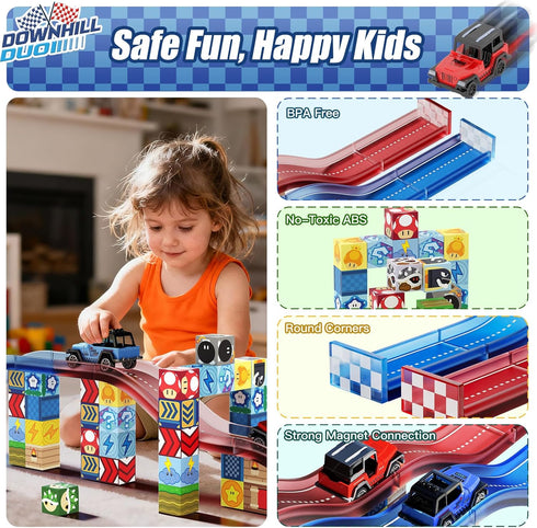 Set, 52PCS 2 3 4 5 6 7 8, Magnetic Tiles Race Track STEM Educational Magnetic Building Blocks with Race Cars