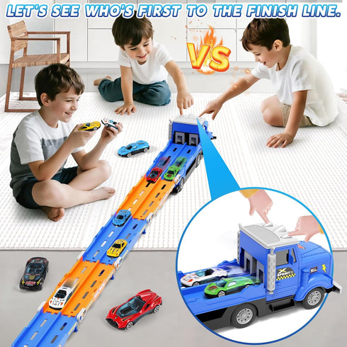 Set 55-Inch 6 3 4 5 6 7 HONGTUO Toddler Truck Track with Lights & Sounds Racing Track with Die-Cast Cars, Perfect