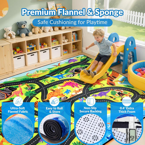 Cavorel 3x5 Ft,0.4 Inch Kids Road Rug Thick Soft Car Track Rug with Non-Slip Backing,Dinosaur Road Map Mat for Kids