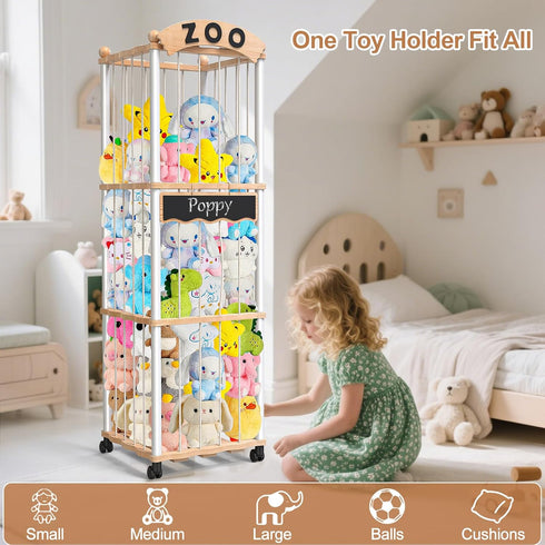 Organizer,120+ Storages,3-Tier handrong Stuffed Animals Storage,Wood Stuffed Animal Holder Plushies Stuffy Toy Storages