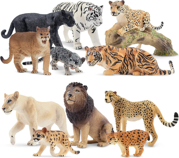 Toymany 12PCS Big Cat Wild Animal Figurines, Realistic Safari Animals Set Includes