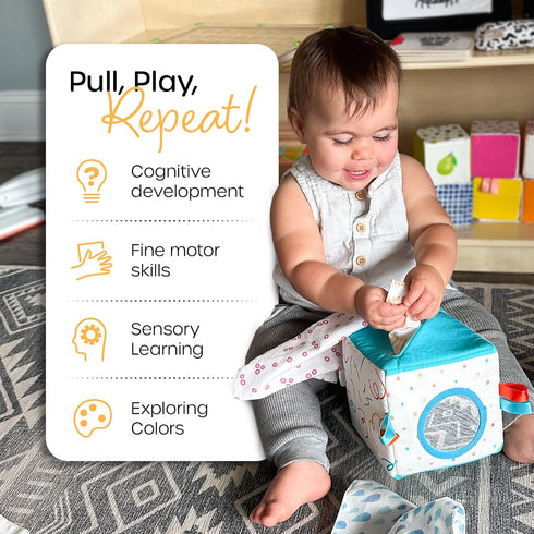 6-12 100% Quiggly Soft Fabric Tissue Box Toy for Babies- Montessori Sensory Development Toy for Month Olds - Cotton