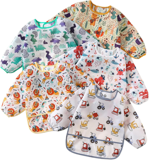 YeeLauf Sleeved Bib,5 Pack,Waterproof Shirt Bibs for Baby 3-24 Months Wipe Clean