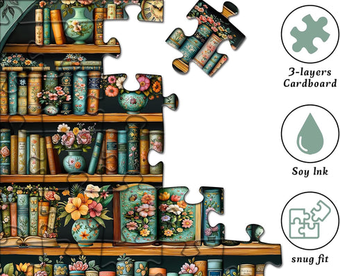 PICKFORU 1000 Vintage Bookshelf Puzzles for Adults Pieces, Flower Blooming Bookshelf Jigsaw Puzzle Library, Wildflower